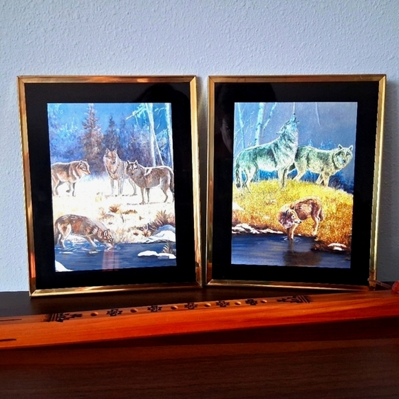 Vintage Wolf Art Reverse Foil Images Drinking At Stream 80s Nature Scenes 8"x10" - Picture 1 of 13